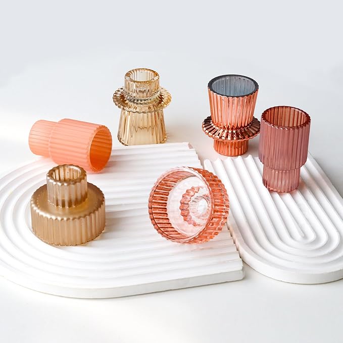 Pink Candlestick Holders 12PCS Ribbed Glass Taper Candle Holders Set for Tealight Candlestick Candles, Table Centerpieces for Weddings Christmas Home Decor Indoor and Outdoor