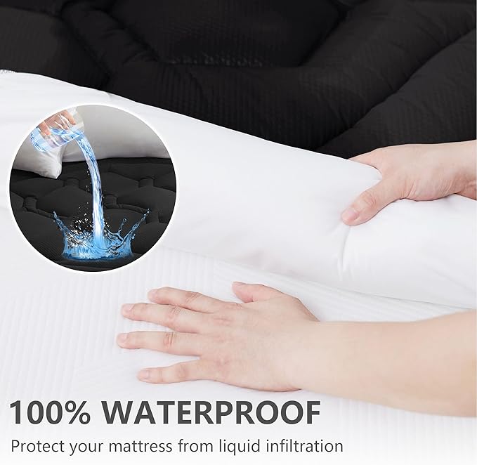 Twin Size Mattress Pad Waterproof, Pillow Top Cooling Twin Mattress Topper for Single Bed, Pee Proof Mattress Protector Cover Quilted Fitted with 8-21" Deep Pocket (39x75 inch, Black)