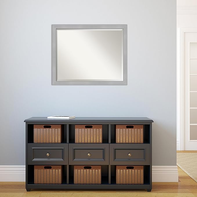 Amanti Art Silver Bathroom Mirror for Over Sink, 25x31 Vista Brushed Nickel Narrow Rectangle Vanity Mirror, Large Casual Frame, Hangs Horizonally and Vertically, Bathroom Wall Decor, Beveled Edge