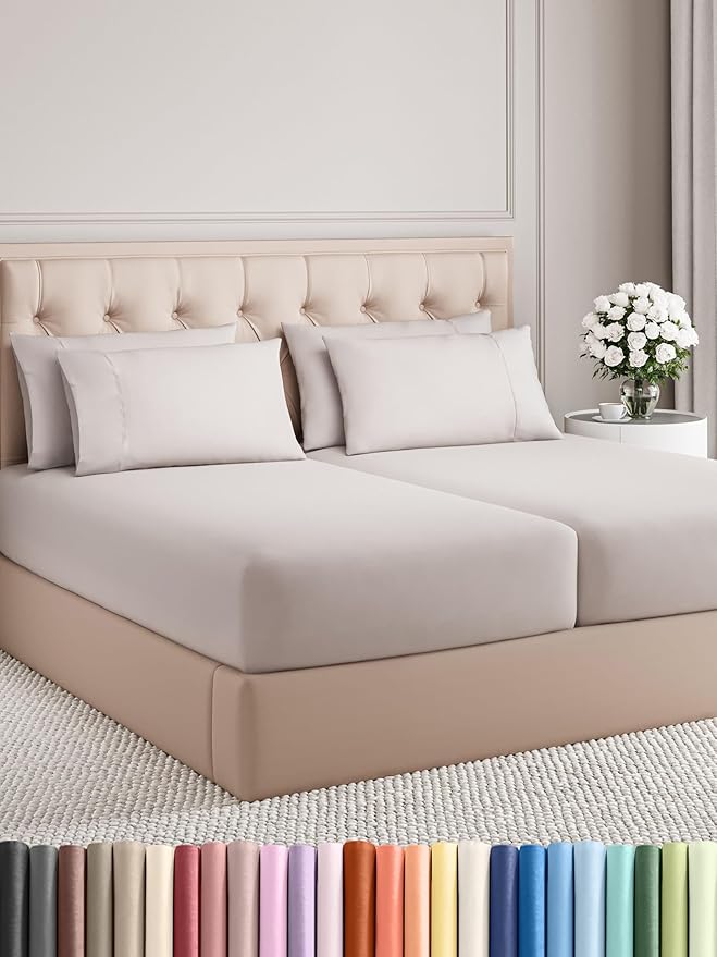 Split King 7 Piece Sheet Set - Comfy Breathable & Cooling - Soft Hotel Luxury Bedding Set with 8-16 Inch Deep Pockets - 1 Flat & 2 Fitted Sheet & 4 Pillowcases - Wrinkle Free & Easy Care - Light Grey
