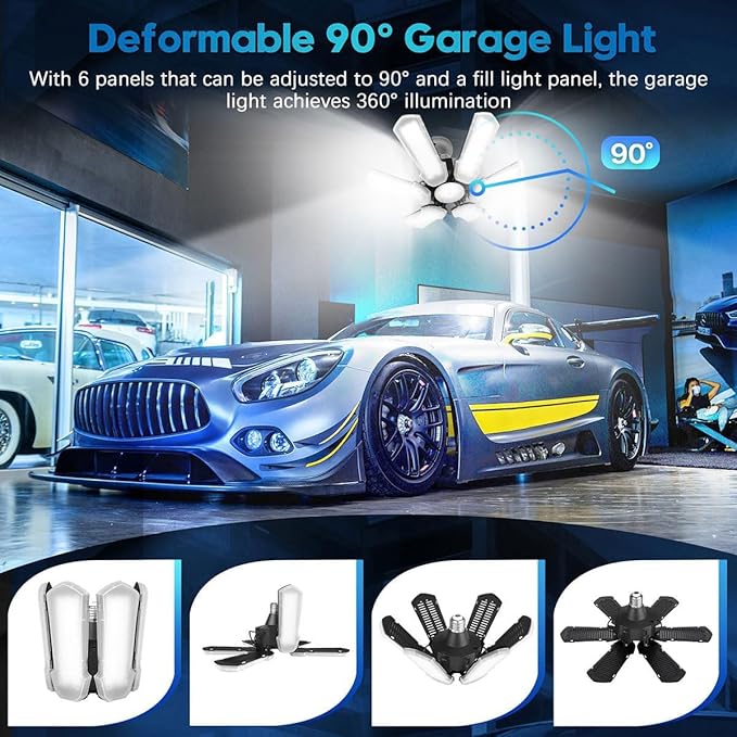 TANBABY Upgrade LED Garage Light, 150W Deformable Ceiling LED Shop Light, 15000LM E26/E27 Garage Lighting with 6+1 Adjustable Panels Bulb for Basement (150W White-Plastic 1 Pack)