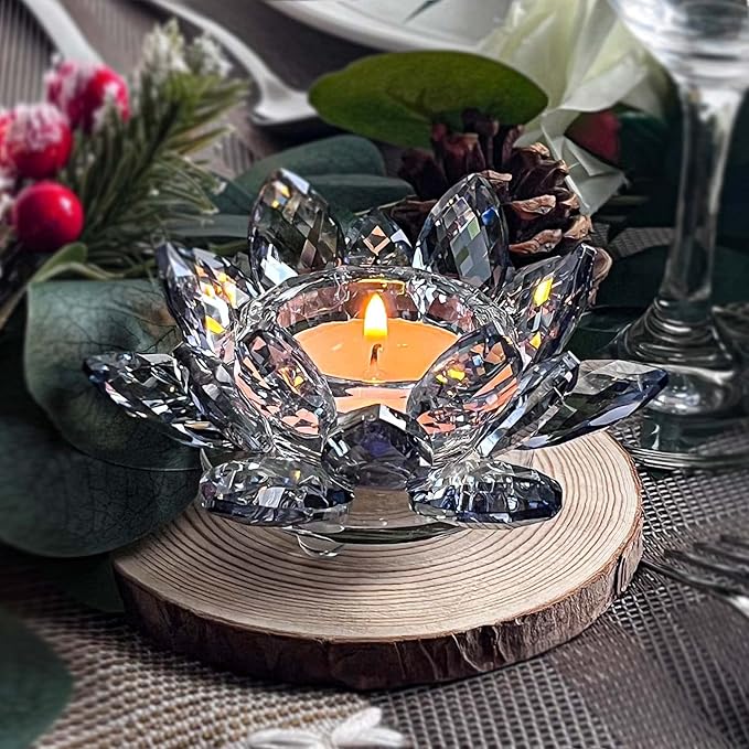 Crystal Lotus Flower Tealight Candle Holders/Glass Tea Light Candlestick Decor Decoration for Christmas Home Wedding Party… (Blue 2pcs)