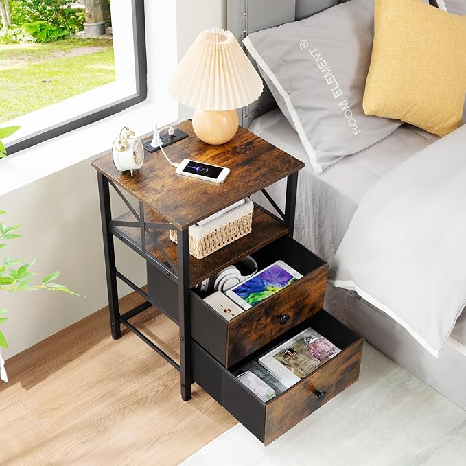 AMHANCIBLE End Table Living Room with Charging Station, Side Table with Fabric Drawer, Small Side Table with USB Ports and Outlets for Small Spaces Rustic Brown and Black HET05XBR1