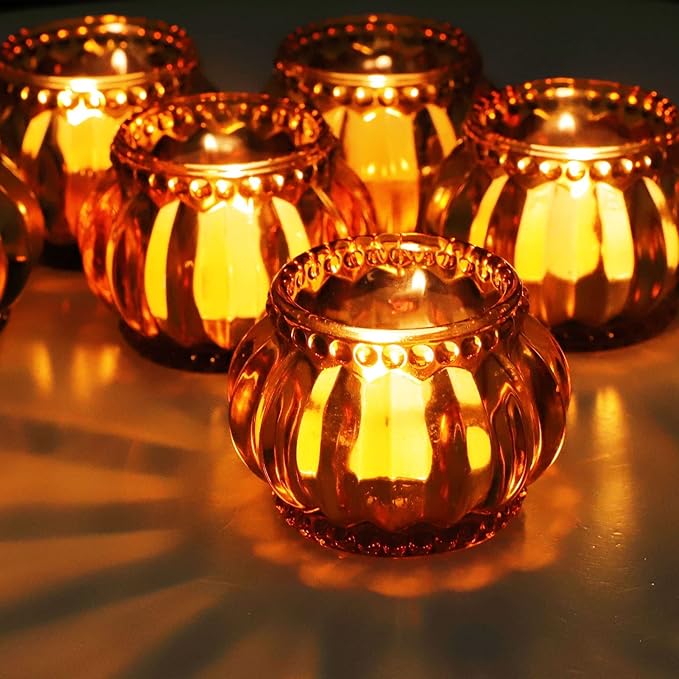 Woho 12pcs Amber Tealight Candle Holder, Glass Tea Lights Candle Holder for Wedding Table Decor, Votive Candle Holders for Birthday Party