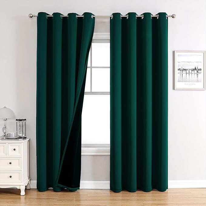 ChrisDowa 100% Blackout Curtains 90 inch Long for Bedroom with Black Liner, 2 Thick Layers Total Blackout Thermal Insulated Grommet Long Window Curtains 2 Panels Set (Forest Green, 52 x 90 Inch)