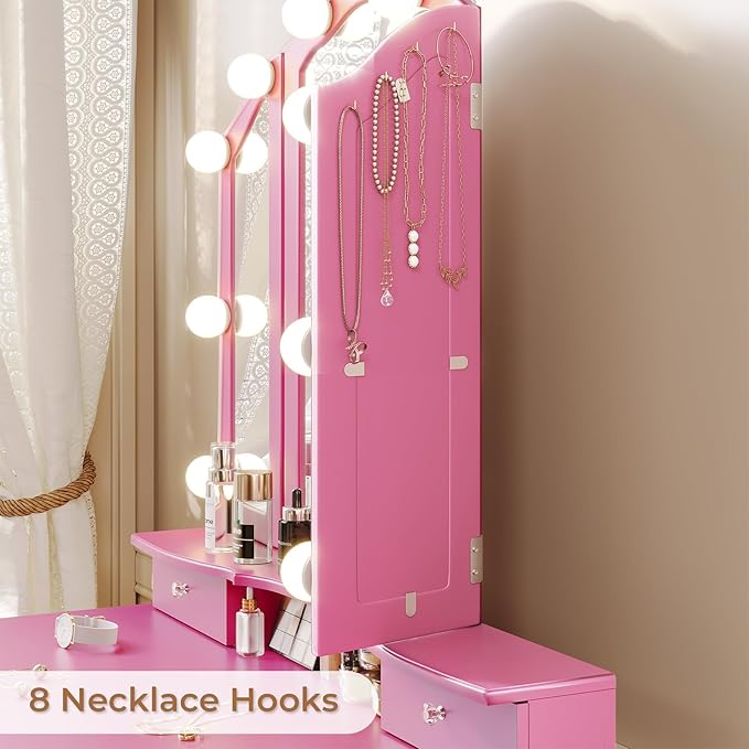 Tiptiper Vanity Desk with Tri-Fold Mirror and Lights, Makeup Vanity with Wood Upholstered Stool, Makeup Desk with 5 Drawers & 8 Jewelry Hooks, Small Vanity, Pink