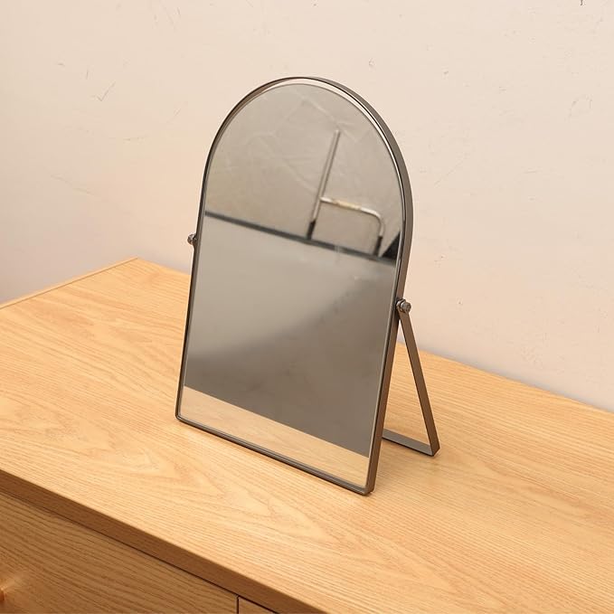 Black Metal Bedroom Mirror Vanity Countertop Makeup Mirror Arch Makeup Bathroom Mirror Rotation Framed Standing Mirrors 90°Adjustable Room Decor for Living Room,Bathroom Tabletop