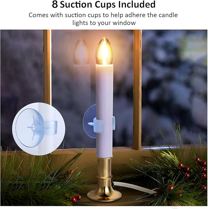 8-Pack Dusk to Dawn Electric Christmas Window Candle Lights with Shatterproof Plastic LED Bulbs, Plug-in Corded Window Candle Lamps, Auto On/Off Light Sensor, 8 Suction Cups Included, Warm White