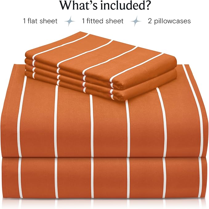 LuxClub 4 PC Sheet Set Bed Sheets Deep Pockets 16" Wrinkle Free Cooling Machine Washable Hotel Bedding Silky Soft - Striped-Autumn Orange Full