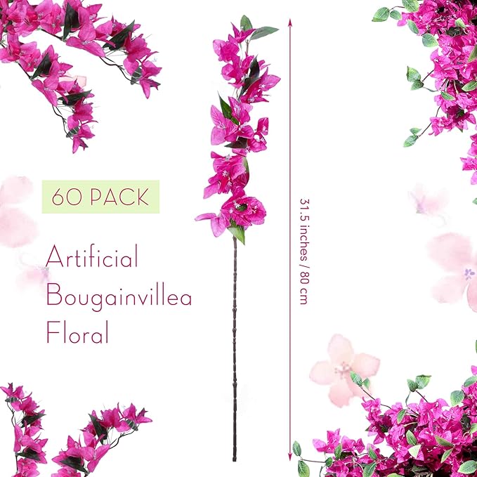 60 Pcs Artificial Faux Bougainvillea Fake Flower Silk Bougainvillea Branches UV Resistant Outdoor Indoor Decoration for Wedding Home Centerpieces Outside Decor (Rose Purple)