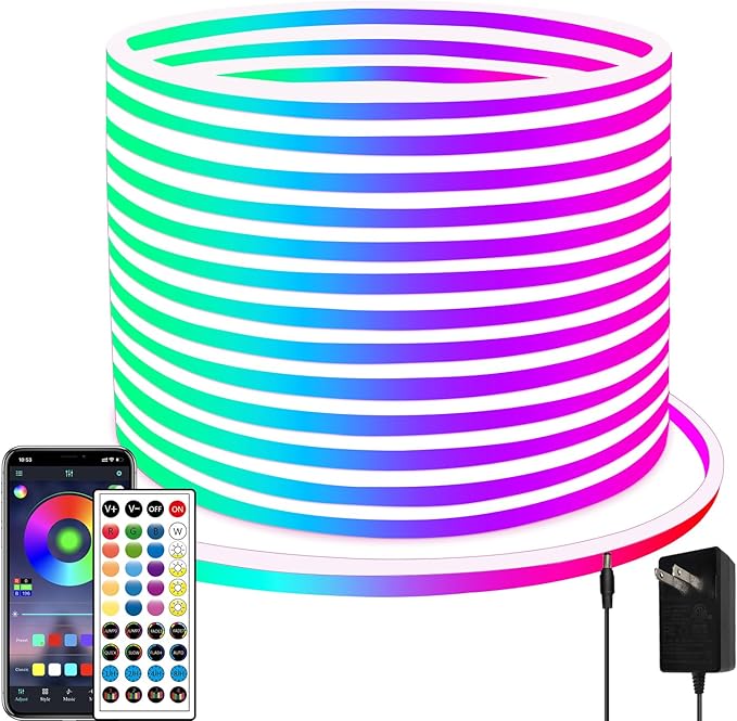 66Ft Neon Rope Lights,Flexible Led Rope Light Control with App/Remote,Multiple Modes Rope Lights,IP65 Outdoor RGB Led Neon Light Waterproof,Music Sync Gaming Led Neon Light Strip for Bedroom