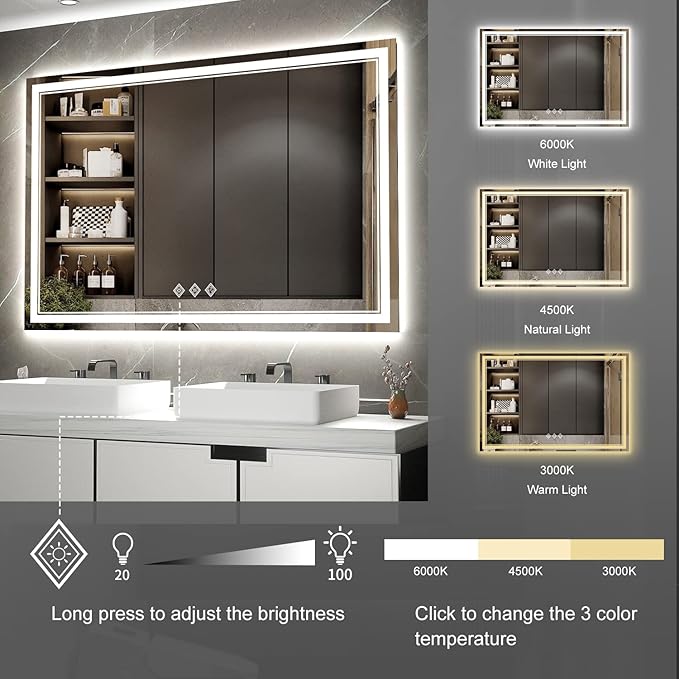 Bathroom Mirror with Lights, 60x40 Inch Gradient Front and Backlit Mirror, 3 Colors Dimmable CRI>90 Double Lights, IP54 Enhanced Anti-Fog, Hanging Plates Wall Mount Lighted Bathroom Mirror