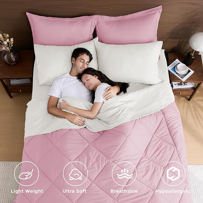 HEVUMYI King Comforter Set - 7-Piece All Season Bed in a Bag King, Ultra Soft Bedding Set with Comforter, Flat Sheet, Fitted Sheet, Pillowcases, Pillow Shams, Pink & Ivory