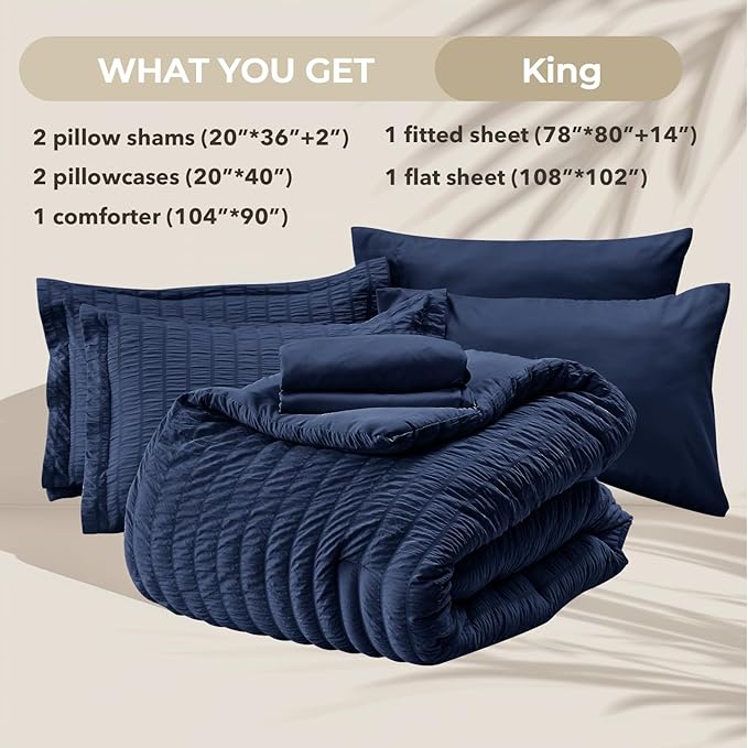 HYMOKEGE Navy Blue King Size Comforter Set Seersucker 7 Pieces, All Season Luxury Bed in a Bag for Bedroom, Bedding Set with Comforters, Sheets, Pillowcases & Shams