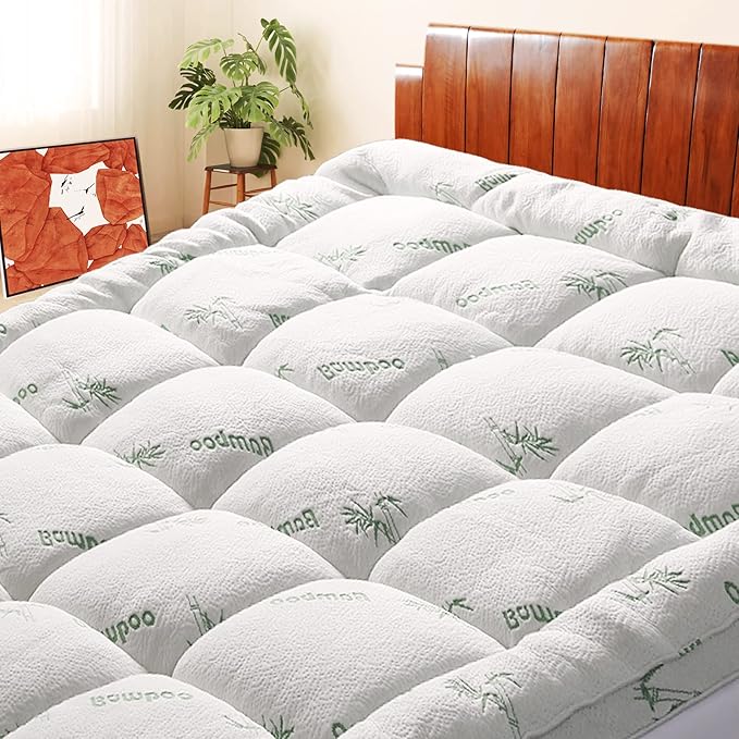 Mattress Topper California King Size, Cooling Extra Thick Breathable Viscose Made from Bamboo Mattress pad, Soft Quilted Fitted Mattress Cover with 1000 GSM Down Alternative Fill (8-21”Deep Pocket)