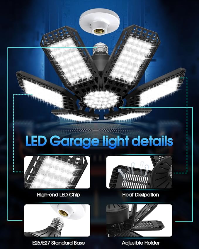 8 Pack LED Garage Light, 200W 20000LM 6500K LED Shop Lights, Garage Lights Ceiling Led with 6+1 Deformable Panels, Screw in E26/E27 Socket Bulb for Warehouse, Workshop, Basement, Barn Lighting