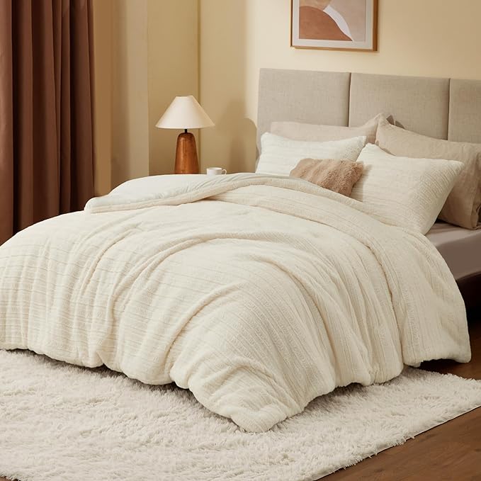 BEDELITE Fleece King Comforter Set -Super Soft & Warm Fluffy Cream White Faux Fur Bedding, Luxury Fuzzy Heavy Bed Set for Winter with 2 Pillow Cases