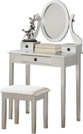 Roundhill Furniture Moniys Wood Moniya Makeup Vanity Table and Stool Set, Silver