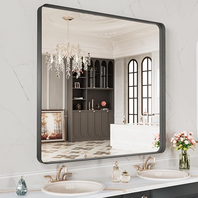 LOAAO 28X32 Inch Black Metal Framed Bathroom Mirror for Wall, Matte Black Bathroom Vanity Mirror Farmhouse, Anti-Rust, Hangs Horizontally or Vertically