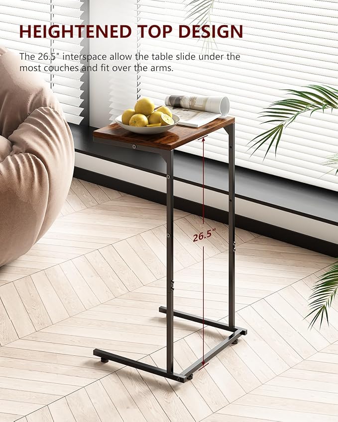 Vantic C Shaped End Table Set of 2, Small Side Table for Couch and Recliner, Slide Under Sofa Tray Desk with Storage Bag for Living Room and Bedroom, Rustic Brown