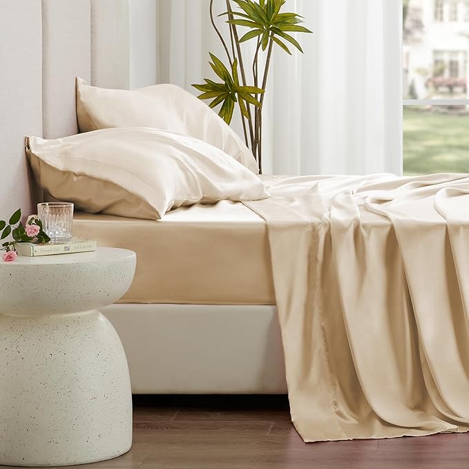 Love's cabin Satin Sheet Set, 3 Piece - Twin XL, Beige, Luxury Silky Soft Bed Linen with Deep Pockets