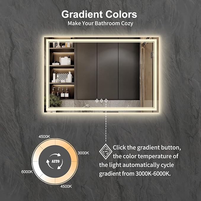 Bathroom Mirror with Lights, 60x40 Inch Gradient Front and Backlit Mirror, 3 Colors Dimmable CRI>90 Double Lights, IP54 Enhanced Anti-Fog, Hanging Plates Wall Mount Lighted Bathroom Mirror