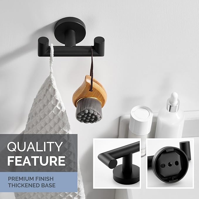 Angle Simple Double Towel Hook, Stainless Steel Bathroom Hand Towel Holder, Coat Hook for Wall, Matte Black