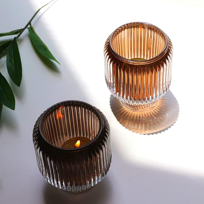 Woho Brown Votive Candle Holders Bulk of 4 for Fall Decor, Tealight Candle Holder for Halloween/Thanksgiving, Vintage Glass Tea Lights Candle Holder for Dining Table(Brown, 3.5'' Tall 3.1'' Diameter)