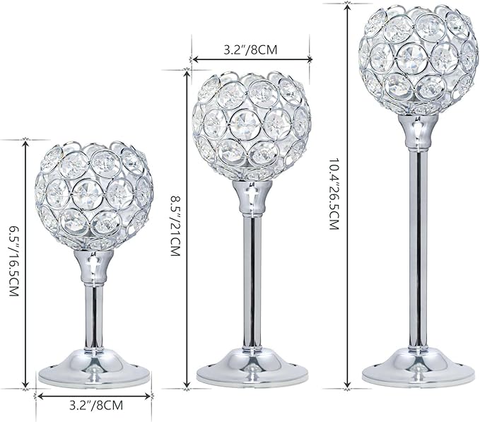 Bulk Crystal Candle Holder Set, 3 Sizes Tealight Candlestick Holders, Elegant Candelabra for Wedding Table Centerpiece, Fireplace, Home & Living Room Decor – Kehail (Set of 12, Silver)