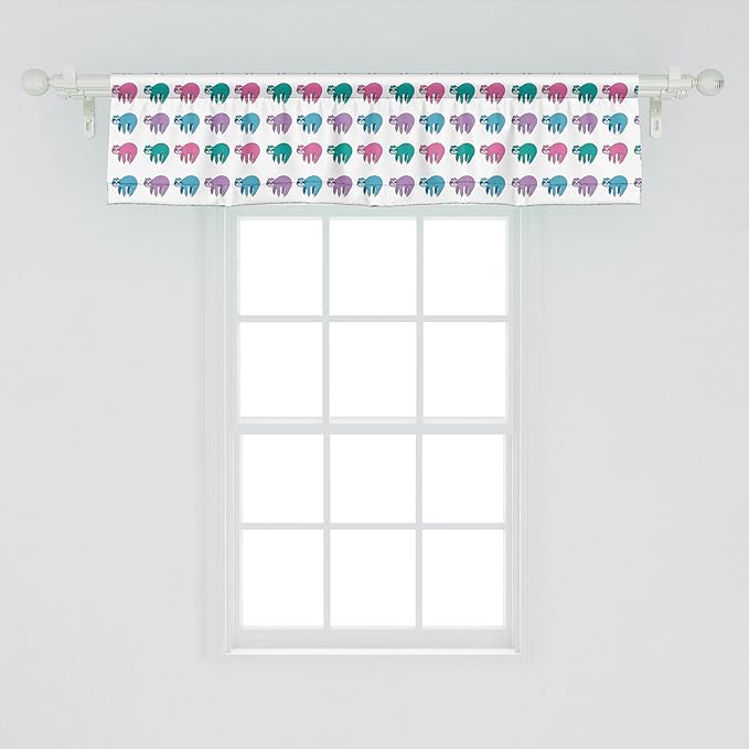 Ambesonne Funny Sloth Window Valance Pack of 2, Colorful Art Repeating Lazy Animal on Plain Backdrop, Rod Pocket Curtain Valances for Kitchen Bedroom, 42" X 12", Dark Seafoam Pink