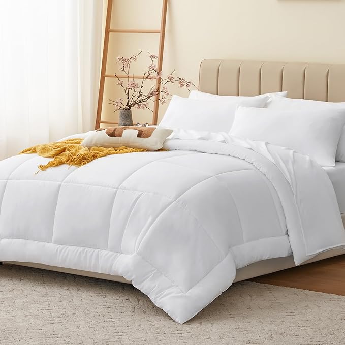 CozyLux King Size Comforter Set White, 7 Pieces Bed in a Bag, White Comforter King Size, All Season Bedding Sets with Stitch Quilted Comforter, Flat Sheet, Fitted Sheet, Pillowcases