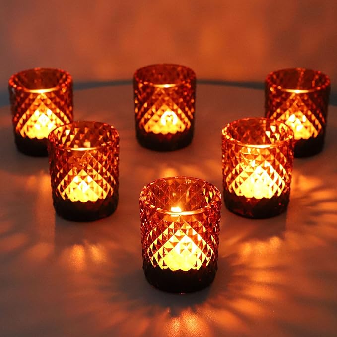 Woho 12pcs Amber Votive Candle Holders Vintage, Glass Tealight Candle Holder for Boho Wedding Table Centerpiece, Brown Tea Lights Candle Holder for Halloween Thanksgiving Decor