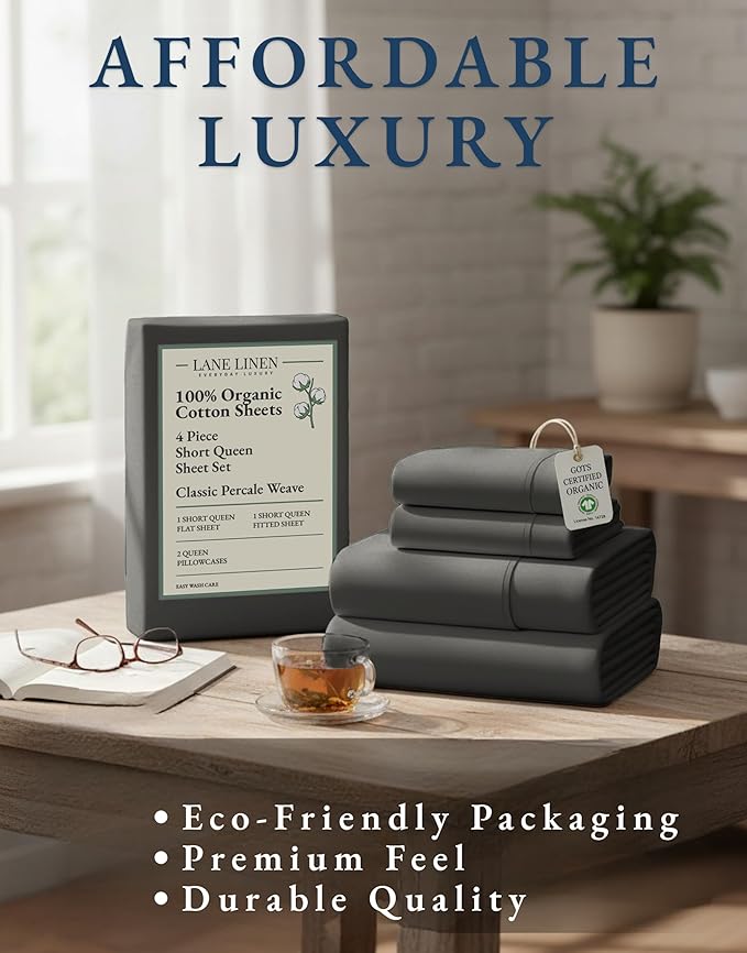 LANE LINEN RV Queen Sheets Set - 100% Organic Cotton Camper Sheet Sets 15" Deep Pocket Fitted (Short Charcoal)
