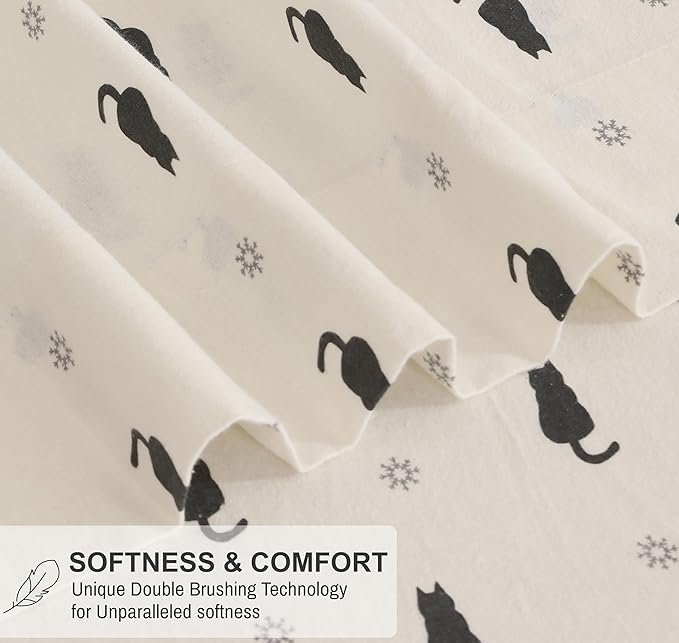 RUVANTI Flannel Sheets Split King Size - 100% Cotton Brushed Split King Bed Sheets Set, Deep Pockets 16 Inches, All Seasons Breathable & Extra Soft, Warm & Cozy, 5 Piece, Black Cat