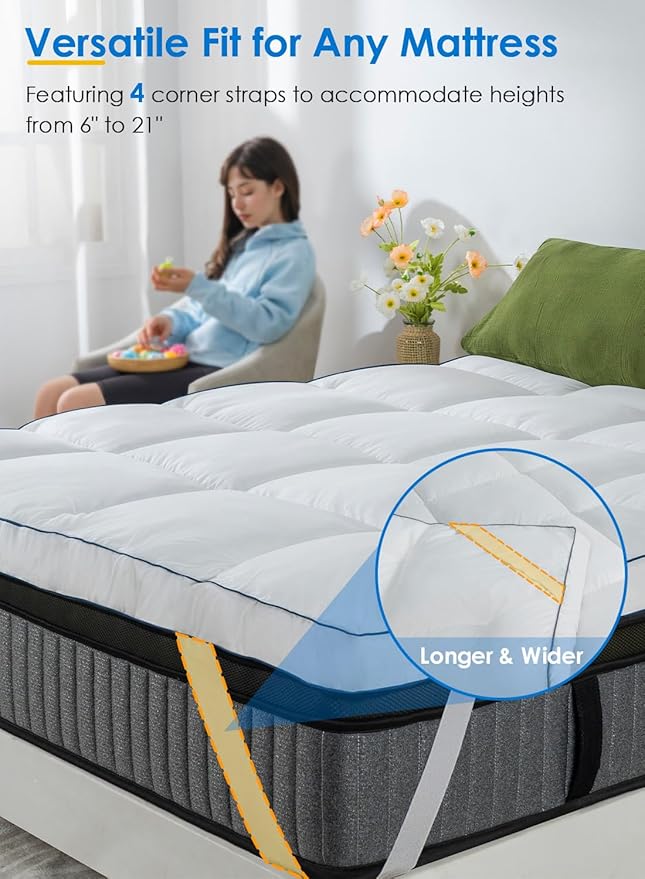 QUEEN ROSE Mattress Topper Full Size, Pillow Top Extra Thick Mattress Pad, Soft Baffle Box Overfilled Down Alternative for Back Pain, 4 Corner Straps, White