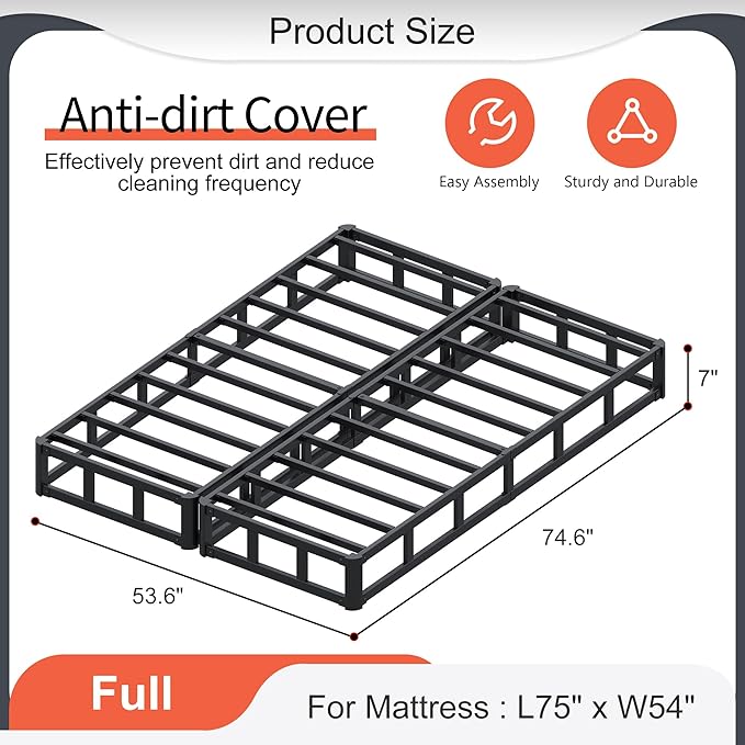 7 Inch Full Size Box Spring, Split Heavy Duty Metal Mattress Foundation with Fabric Cover, Easy Assembly, Quiet & Noise-Free