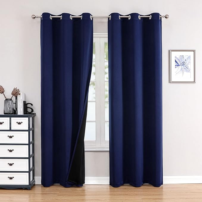 ChrisDowa 100% Blackout Curtains 84 inch Long for Bedroom with Black Liner, 2 Thick Layers Total Blackout Thermal Insulated Grommet Window Curtains 2 Panels Set (Navy Blue, 38 x 84 Inch)