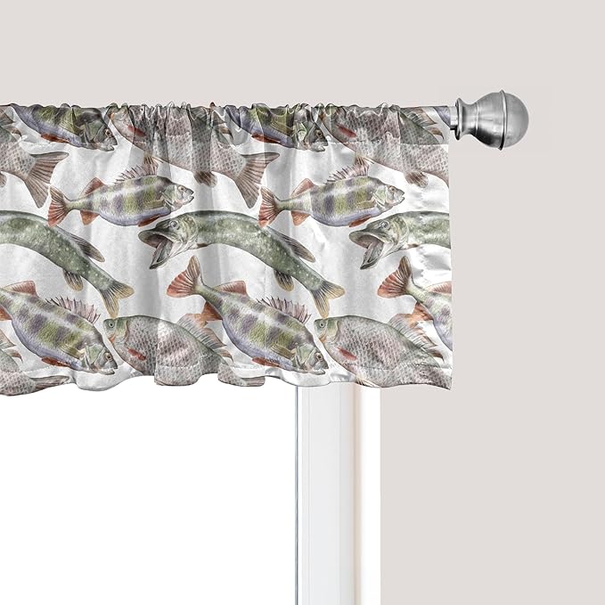 Ambesonne Fishes Window Valance Pack of 2, Watercolor Common Carp Perch and Bass Freshwater Animals Themed Seafood Drawing, Rod Pocket Curtain Valances for Kitchen Bedroom, 54" X 12", Pale Blue Grey
