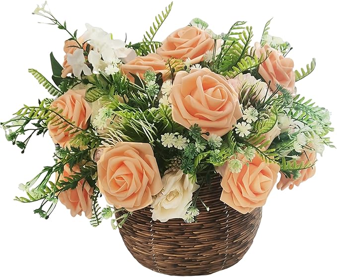Artificial Rose Flowers 25pcs, Light Orange Foam Fake Rose Faux Flower for Wedding Bouquets Bridal Shower Centerpieces Floral Arrangements Home Decorations Party Backdrops Table