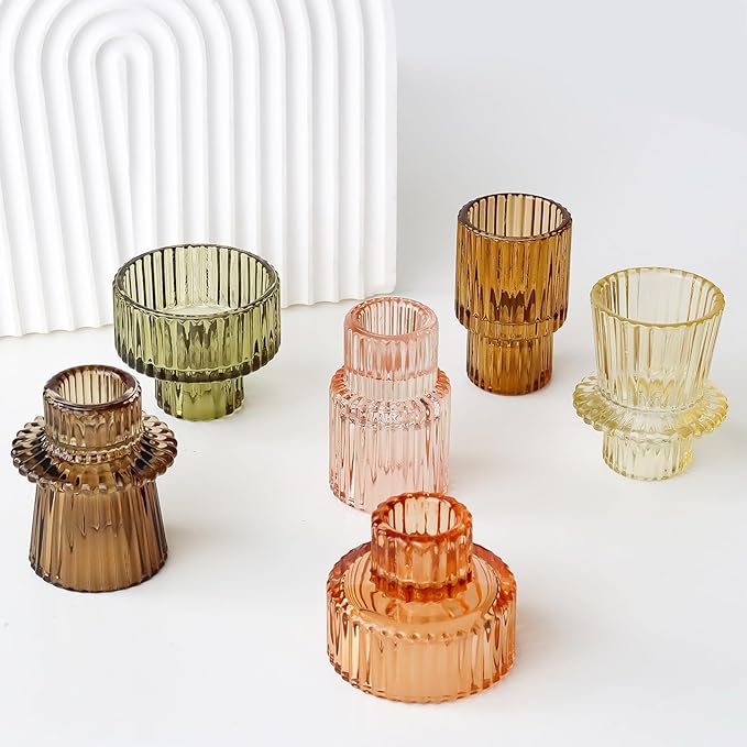 Brown Candlestick Holders 12PCS Ribbed Glass Taper Candle Holders Set for Tealight Candlestick Candles, Table Centerpieces for Thanksgiving Christmas Farmhouse Decor Indoor and Outdoor