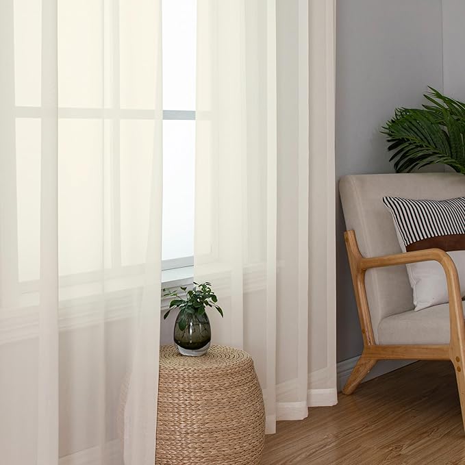 Aiyufeng Cream Sheer Curtains 84 Inches Long 2 Panels Set for Living Room, Light Filtering Green Window Sheer Drapes for Bedroom, Each 42" W x 84" L
