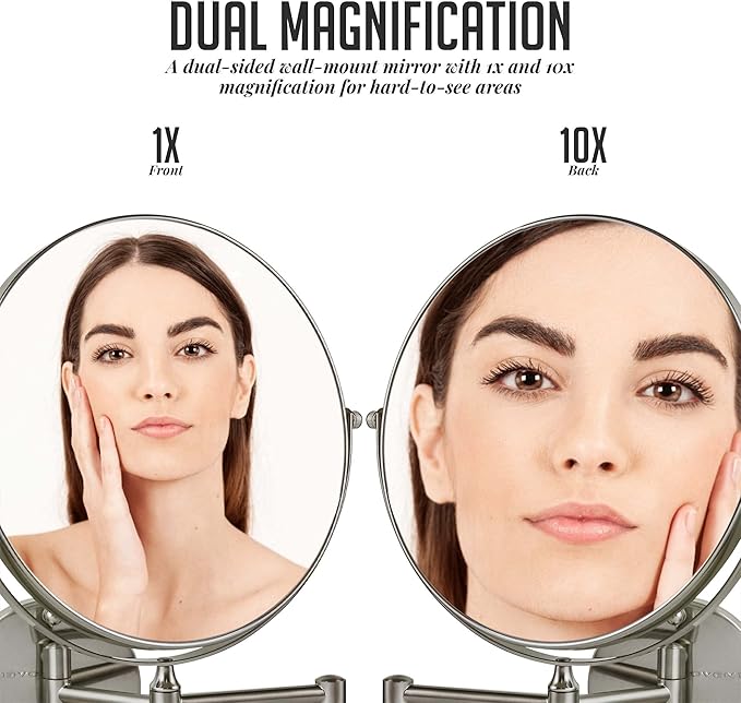 OVENTE 9" Wall Mounted Makeup Mirror with 1X/10X Magnification, Double Sided Magnifying Round Bathroom Vanity Mirror, 360° Swivel Design, Extendable and Folding Arm, Nickel Brushed MNLFW90BR1X10X