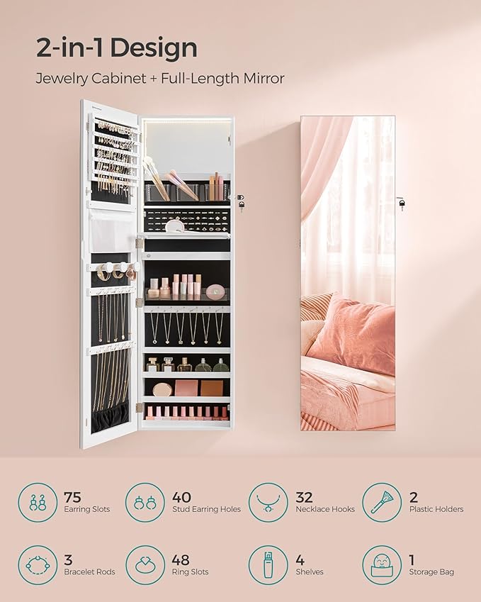 SONGMICS 55 Inches Tall Spacious Jewelry Cabinet, Jewelry Armoire with Light-Up Interior Mirror, Wall or Door Mounted Jewelry Storage Organizer, Lockable, Gift Idea, Cloud White UJJC032W01