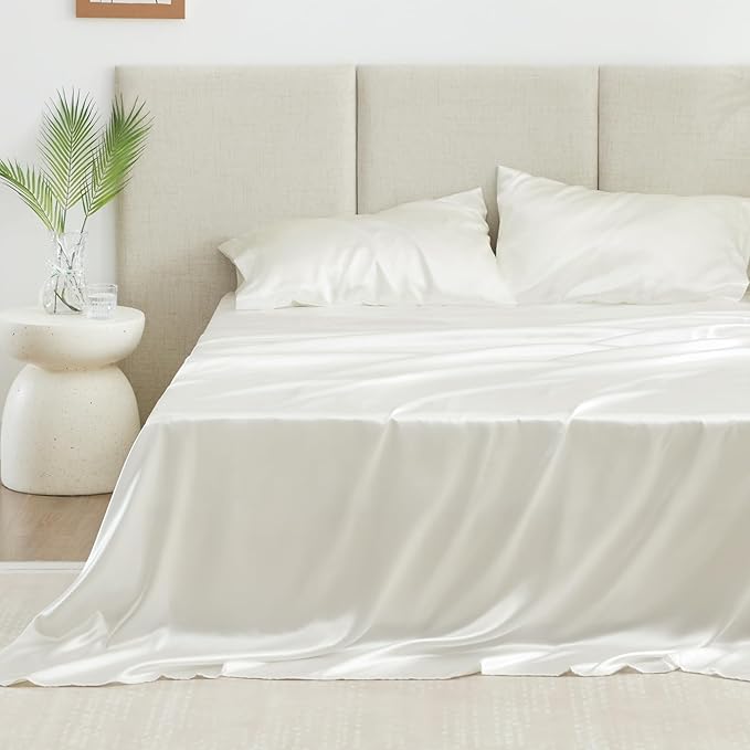 Love's cabin Satin King Sheet Sets - 4 Piece Ivory Silky Sheets King Size Bed Set with Deep Pocket, Luxury Silk Feel King Size Satin Sheet Set (1 Flat Sheet,1 Fitted Sheet,2 Pillow Cases)