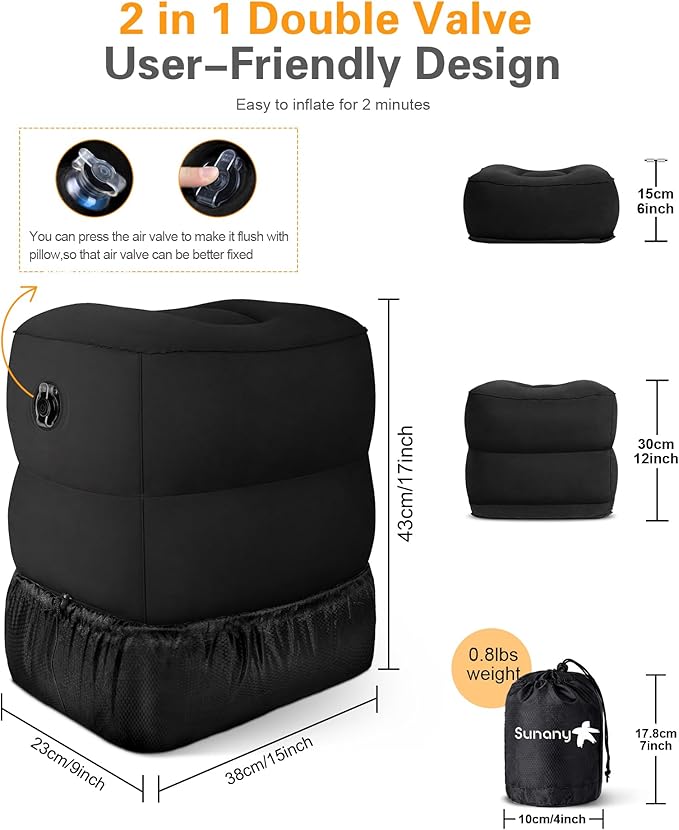 Sunany Inflatable Foot Rest Pillow , Adults Airplane Travel Pillow-Adjustable Height Cushions,for Kids to Sleep While Traveling,Suitable for Office, Home and Any Travel（Black）