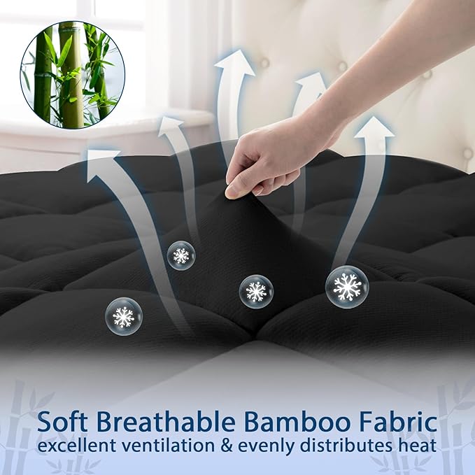 ELEMUSE Twin XL Black Cooling Bamboo Viscose Mattress Topper for College Dorm, Extra Long Twin Mattress Pad Cover for Back Pain, Soft Pillowtop with Deep Pocket, Overfilled Down Alternative Filling
