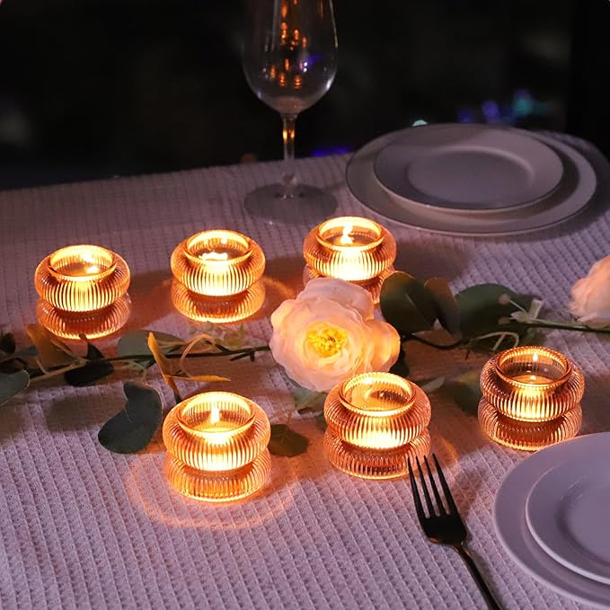 Woho Ribbed Amber Votive Candle Holders Set of 12 for Wedding Table, Vintage Glass Tealight Candle Holder for Fall Decor, Boho Tea Lights Candle Holder for Thanksgiving (Brown, 2.1" H X 2.75" D)