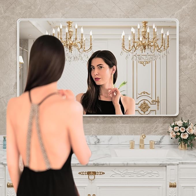 LOAAO 55x30 Inch White Metal Framed Bathroom Mirror for Wall, White Bathroom Vanity Mirror Farmhouse, Large Rounded Rectangle Mirror, Anti-Rust, Tempered Glass, Hangs Horizontally or Vertically