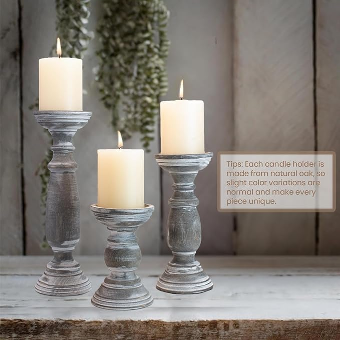Rustic Wooden Pillar Candle Holders Set of 3, 12'' 9'' 6'' Farmhouse Wood Candle Stand for Table Centerpieces, Vintage Tall Candleholders Fireplace Mantel Decor for Living Room, Grey
