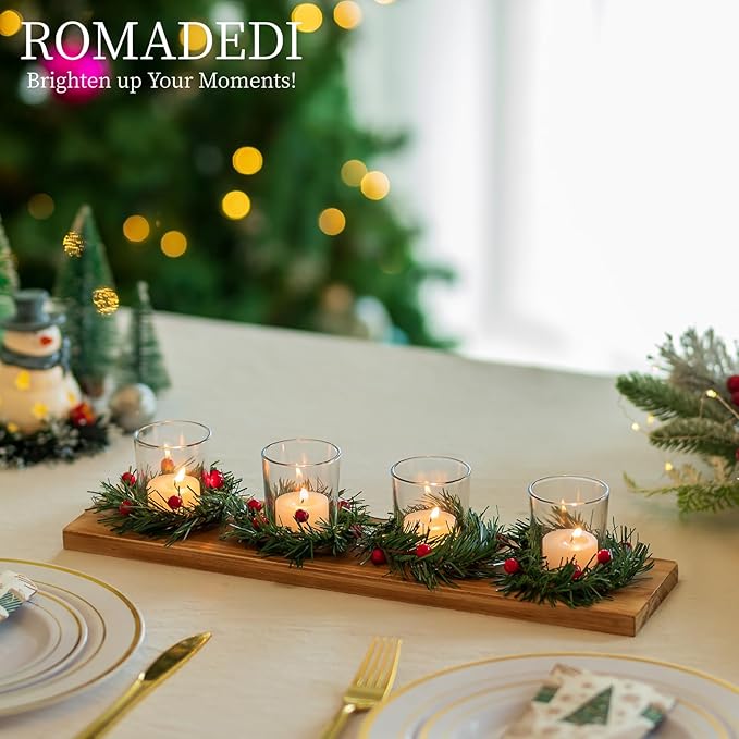 Christmas Candle Holder for Table Centrepiece Decoration: Romadedi Rustic 4 Tealight Holders with Mini Christmas Wreaths Wooden Tray for Xmas Winter Dinner Table Home Decor Gift 16.5 Inches